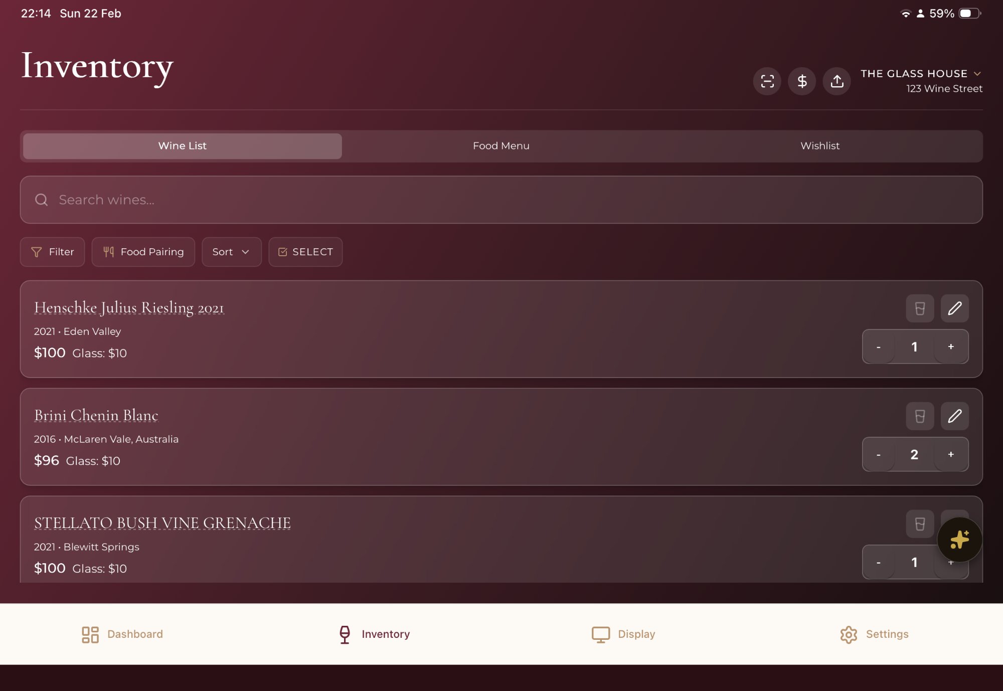 Restaurant wine inventory management dashboard in Decanta.ai showing bottle tracking, pricing and sales analytics